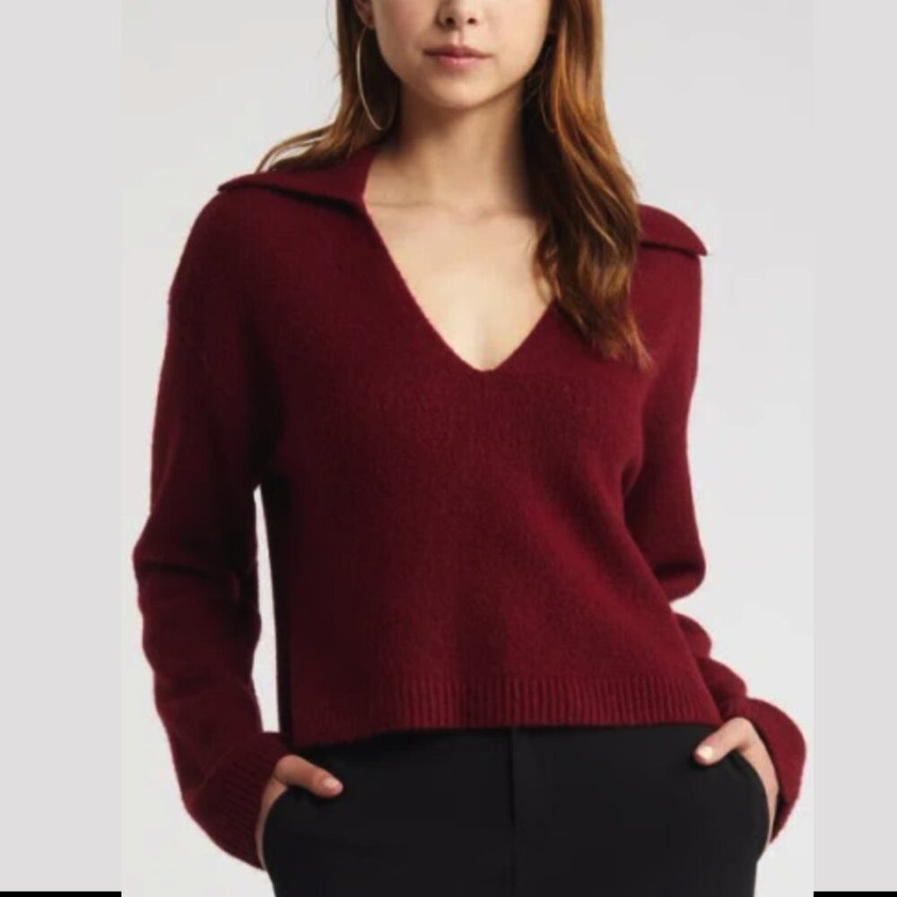 OPEN EDIT Johnny Collar Boxy Crop Sweater Brick Red M Med
